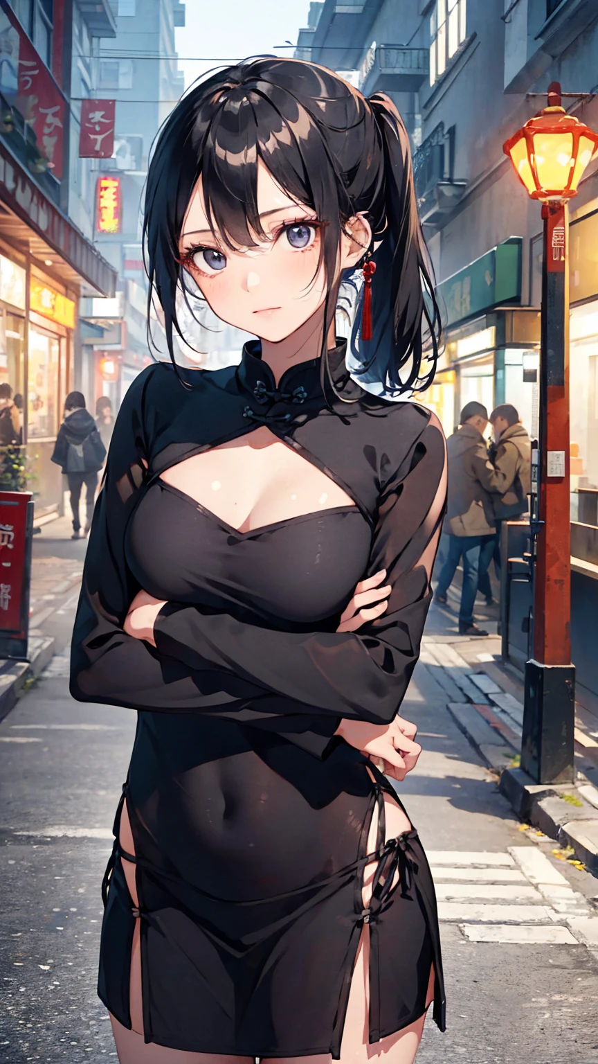 woman,20-year-old,,city,night,(((sheer see-through China dress))),,open mouth smile(),(()),((black hair)),blush、,((())),((turn around and look back))(wet with sweat)Reflecting the buttocks, huge breasts