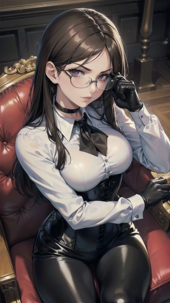 Masterpiece, Beautiful art, professional artist, 8k, Very detailed face, Detailed clothing, detailed fabric, 1 girl, whole body, front view, looking at the viewer, sitting in a furnished chair, pose sexy, BIG BREASTS, perfect thighs, beautiful legs, whole body perfectamente dibujado, shy expression, pale skin, beautiful face, long dark brown hair, 4k eyes, very detailed eyes, pink cheeks, glasses, choker:1.6, (white long sleeve button down shirt with white collar), black gloves, gloves that cover hands, (black leather corset). (shiny black tight mini skirt), Sensual Lips, show details in the eyes, Elegant living room, At night