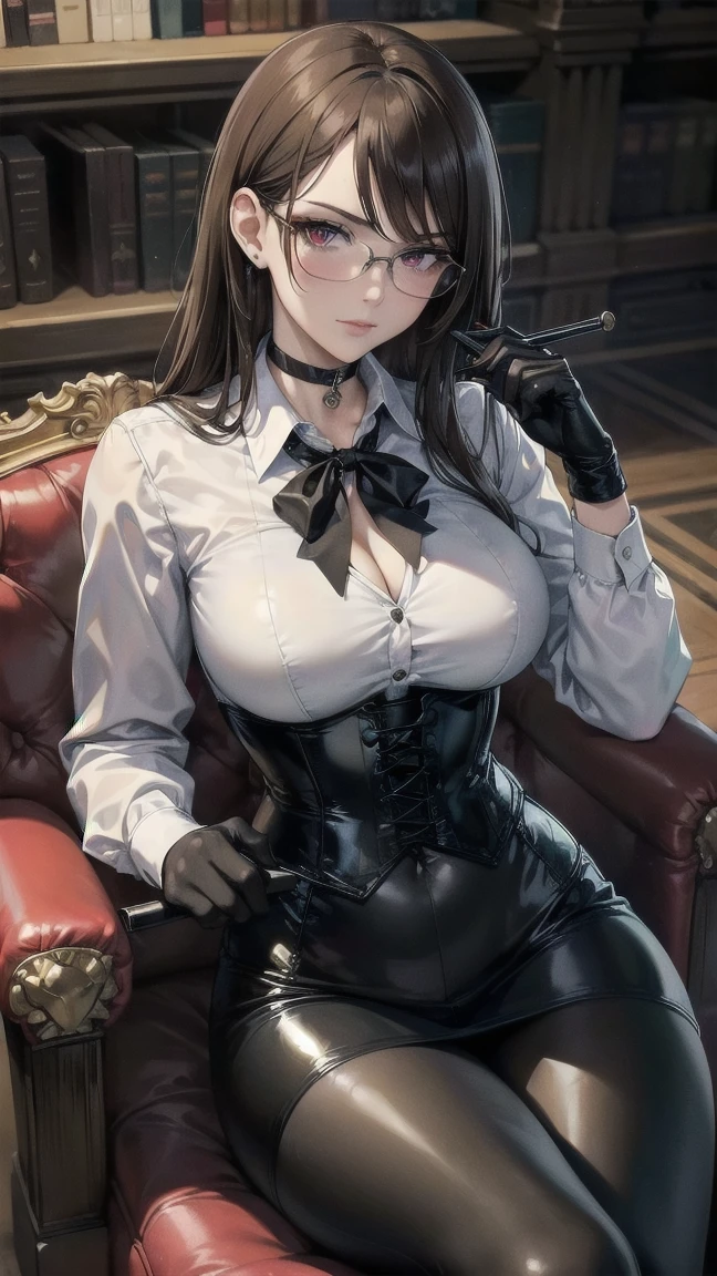 Masterpiece, Beautiful art, professional artist, 8k, Very detailed face, Detailed clothing, detailed fabric, 1 girl, whole body, front view, looking at the viewer, sitting in a furnished chair, pose sexy, BIG BREASTS, perfect thighs, beautiful legs, whole body perfectamente dibujado, shy expression, pale skin, beautiful face, long dark brown hair, 4k eyes, very detailed eyes, pink cheeks, glasses, choker:1.6, (white long sleeve button down shirt with white collar), black gloves, gloves that cover hands, (black leather corset). (shiny black tight mini skirt), Sensual Lips, show details in the eyes, Elegant living room, At night