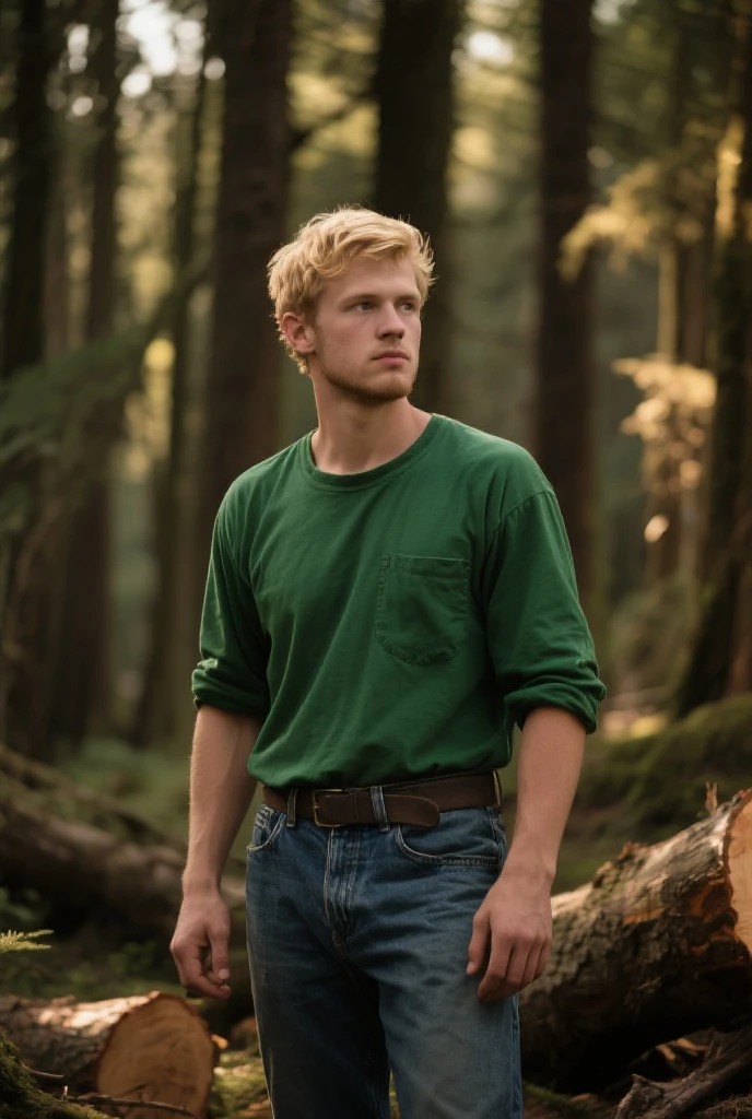 adult man, short blonde hair, with a serious expression, half muscular, blue colored eyes, wearing simple clothes, forest background