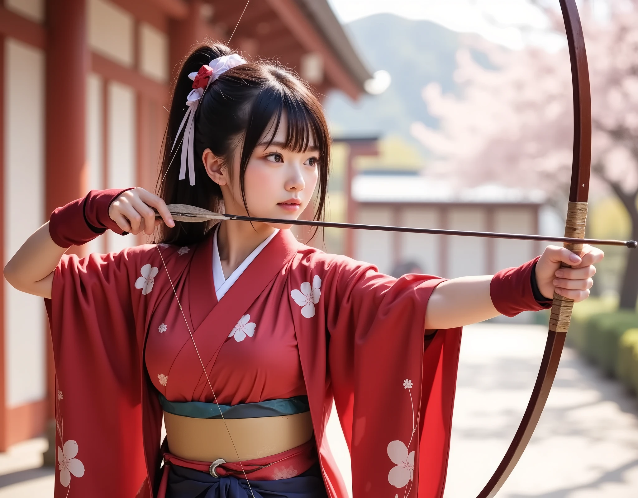 Photorealism, retina, accurate, anatomically correct, masterpiece, textured skin, super detail, best quality, 8k, super detail, extremely precise in every detail, beautiful detailed glow, beautiful attention to detail, beautiful detailed eyes, (one beautiful Japanese woman sets up a long Japanese arrow on a long Japanese bow and aims at a target), archer of Japanese archery, wearing a red "Furisode-Kimono dress" decorated with lots of white cherry blossom pattern, the sleeves are rolled up with white rope, very long black straight pony tail hair, white hair ribbon tied in a bow, red and white arm glove on both arms, a scene from a traditional Japanese coming-of-age ceremony, at a traditional Japanese shrine, a forest of Plums can be seen in the background, a phot overflowing with winter sunshine, Plum Petal Storm, Realistic traditional Japanese bow and arrow, Realistic string tension