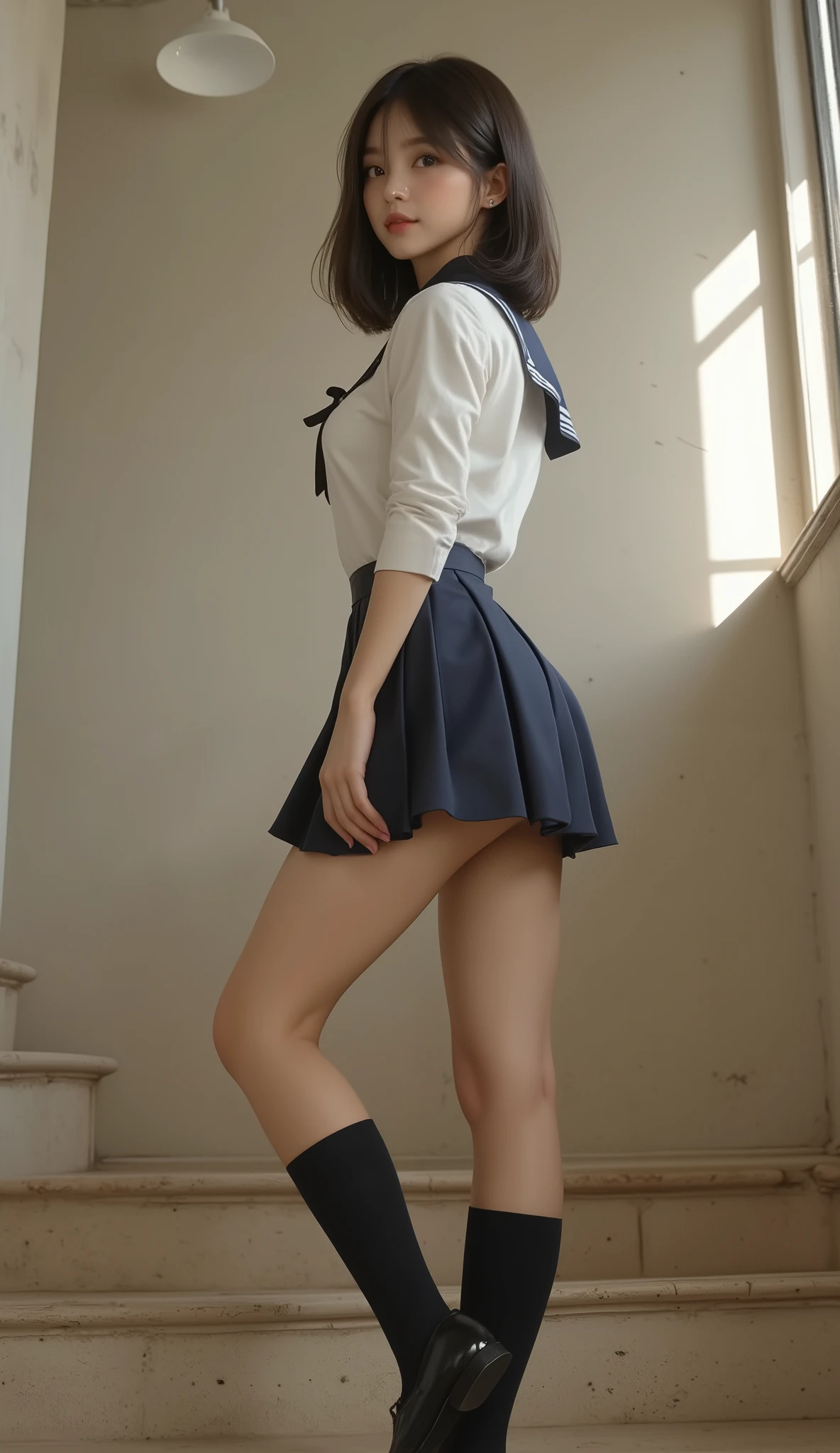 amavelmessageribbon,1girl,Best quality, masterpiece, ultra high res, RAW photo,masterpiece, best qualitys, (photorealistic:1.4), delicate face, (narrow waist:1.2),
,ponytail, sharp focus, cinematic lighting, (seductive pose),(full body:1.4),
school uniform, skirt, serafuku, short sleeves, bow, sailor collar, blue skirt, shirt, white shirt, ribbon, black pantyhose,
(blurry background:2), (outdoor background:2)
<lora:amavelmessageribbonV1.1:0.7> <lora:cuteGirlMix4_v10:0.4>