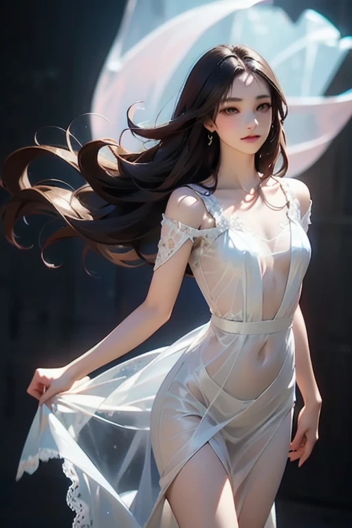 Masterpiece, detailed, high quality, a woman on the balcony of the room, black hair, transparent fabric, thin, thin fabric, woman alone standing still, (1solo) only a light pink fabric, (seen from the front), large window, running out with the wind, orange lamp in the background, night, whole body, hair in the wind, sculptural body, realistic background