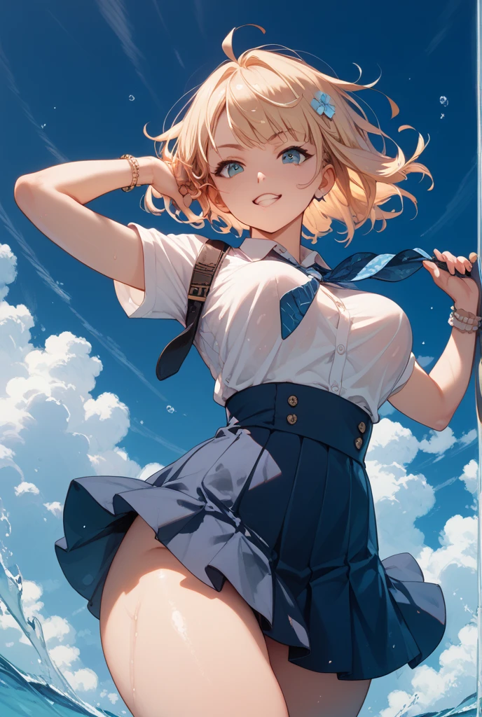White sailor hat,blonde hair,short hair,sailor top outfits,blue mini skirt,seductive smile,look at viewer,bigbreast,wide hips,thicc tigh,glasses