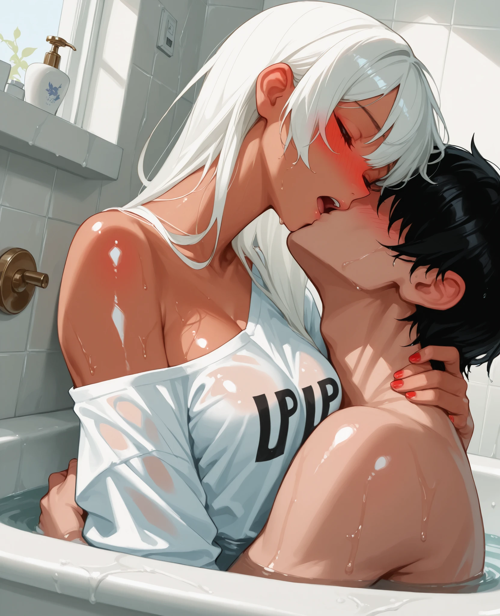 score_9, score_8_up, score_7_up, 1woman, solo, hair, closed eyes, white milky porcelain skin, white-skinned female, black shoulder length hair with red accents, lovely medium breasts, perfect body, black oversized off shoulder t shirt, exposed shoulder, female organism, open mouth, looking at viewer, head tilt, nose blush, blush, indoor, bathroom, day time, shiny skin, against bathtub, wet, sitting , upper body, 1woman, 1boy (faceless, face on girl's face,
intense kiss, deep kiss, kiss ), hug. Dutch angle.