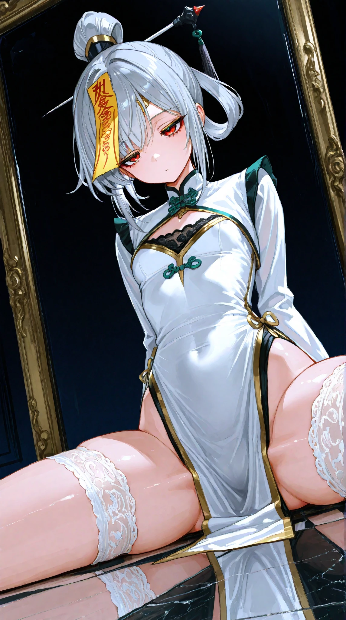 mononobe no futo, One Woman, Long sleeve, Sleeves edged with ribbon, Gray Hair, blue eyes, Proud face,
Underbust, Small breasts,Butt,Thighs,Plump,milk,Underarm,vapor,Jump,Low Angle,Please spread it with your hands,No underwear,smile,Micro Bikini
