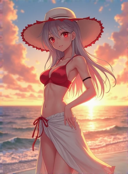 Lori, white hair, cute, red eyes, leaky chest, no panties, seaside, sunset, headband flowers