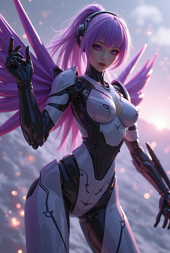 Angel machine, qualidade superior、obra prima、alta resolução、(Fotorrealista:1.4)、Foto RAW、Batalha Cyborg Angel、grandes asas feitas de metal、Corpo de porcelana branca、Acrylic Transparent Cover、cabelos brancos、Pele brilhante、1 Menina Ciborgue、((Detalhes super realistas))、portlate、globaliluminação、Sombra、octan render、8k、ultrasharp、luz de borda de caractere,Seios colossais、Raw skin is exposed in cleavage、Detalhes de ornamentos complexos、Detalhes do Double Zeta Gundam、hydraulic cylinder、small LED lamp、Detalhes altamente intrincados、luz realista、um olho roxo、Olhos Radiante、Facing the camera、Neon details、Cowboy baleado、Chapelaria futurista、Sobre Cyberpunk、、