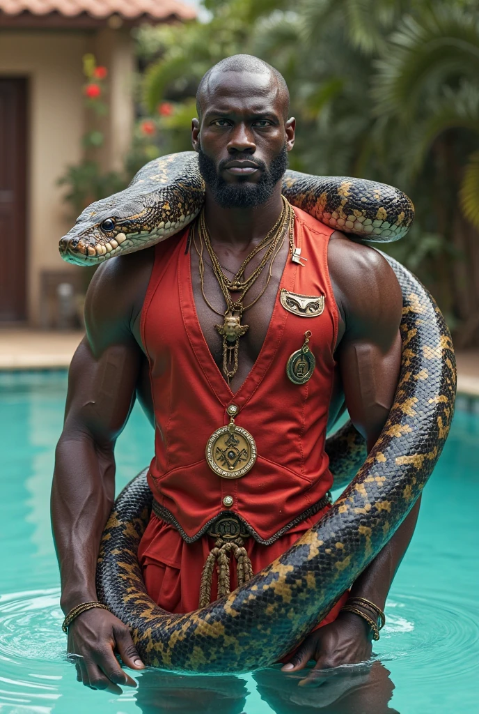 God of love, defined man, brown skin, straight, black hair, the bowl cut, he only wears a tarzan style thong, jungle men, amazonia brazil, he has a giant titanoboa with him, the snake is his friend, he exudes sensuality and pleasure, his beauty pleases men and women, but he also exudes an air of a bad man, jungle men. full body.