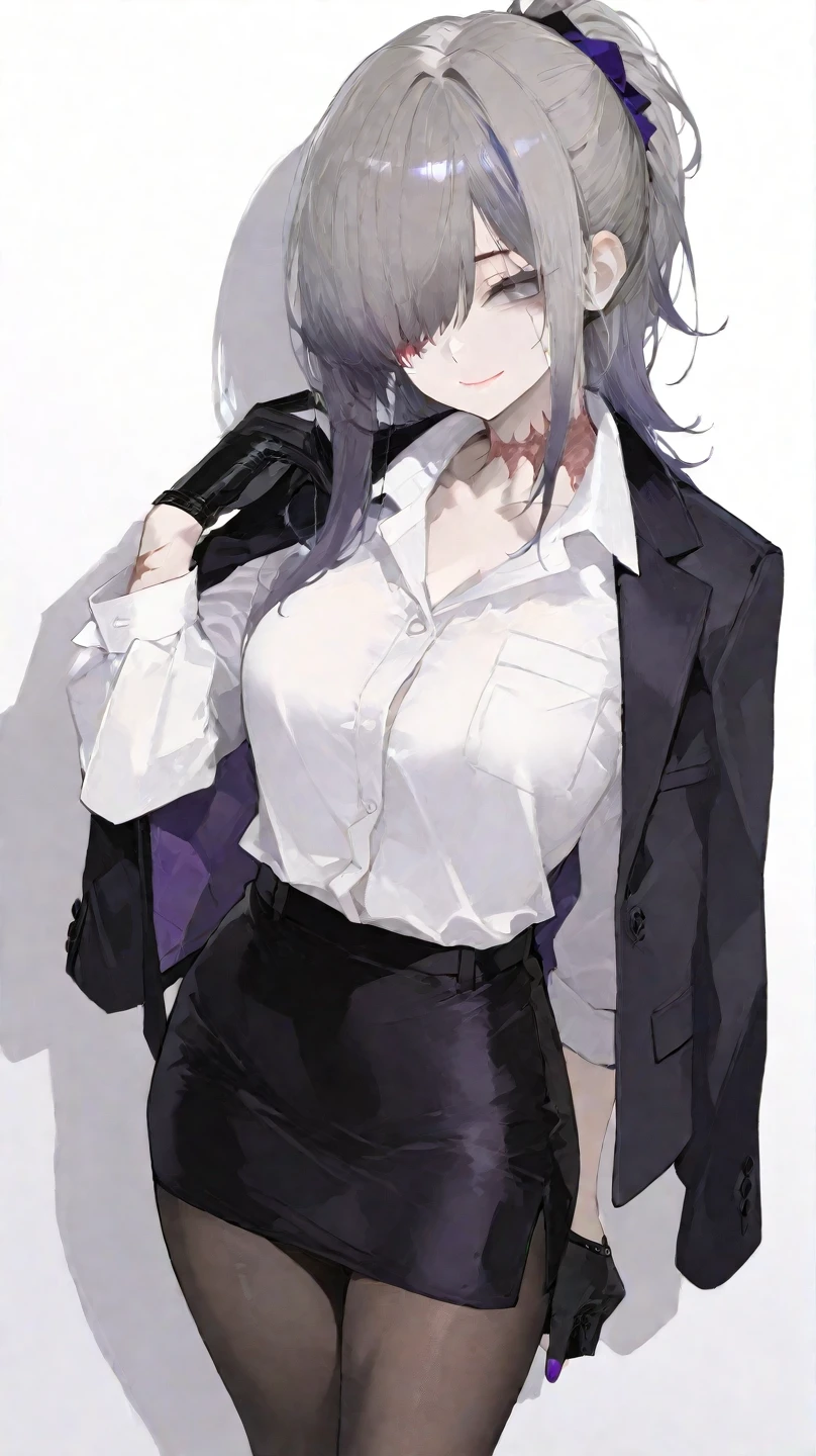 Long purple hair, wearing a black suit with a cigarette..