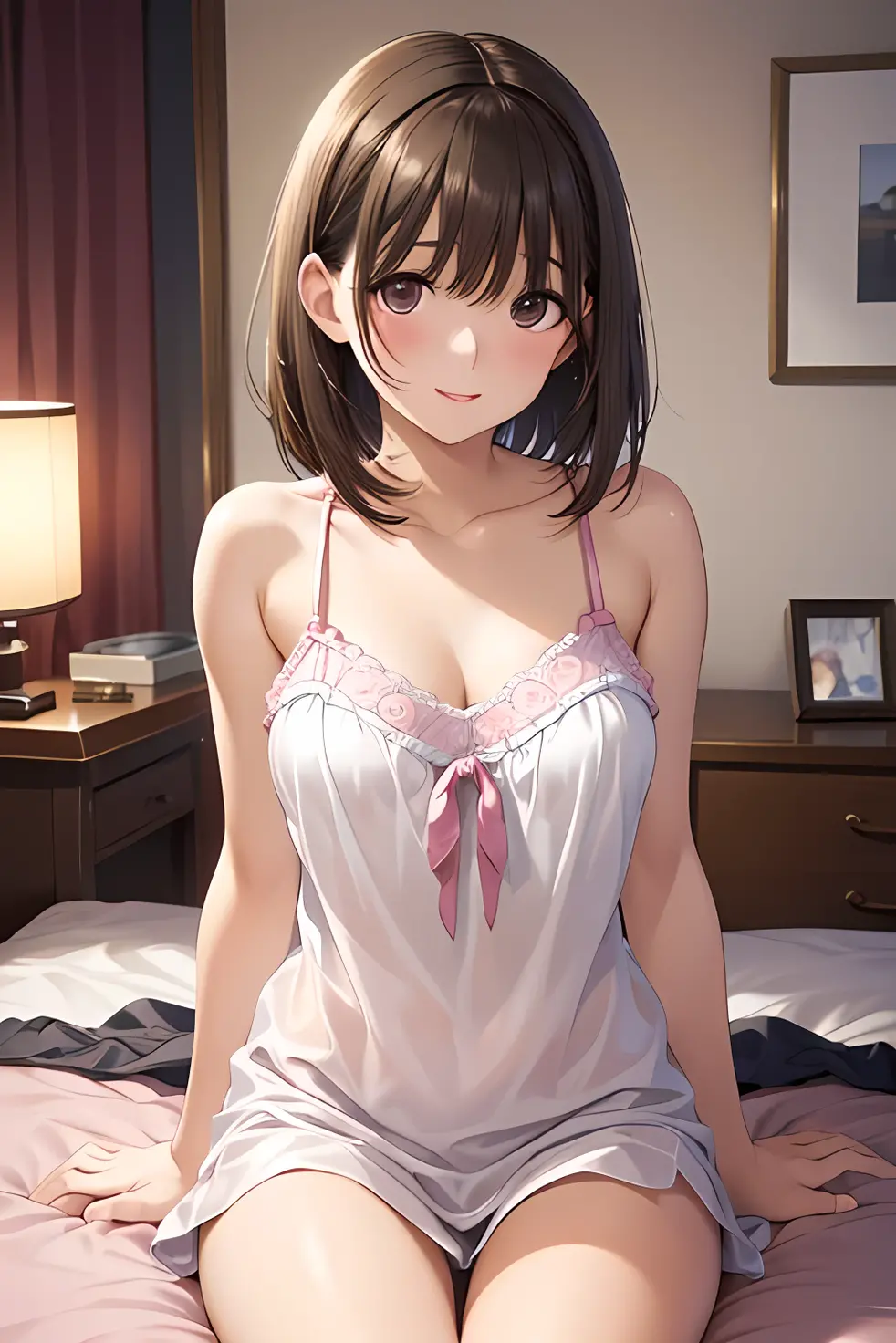 Best quality、Night view outside the window、Light brown skin、sleepwear、breast cleft、short hair、females、solo、Very nice、turned around、midnight、Brown hair、、I want to blush、leaning forward、Bedroom、Wink、shimmering、Kamimei、Sit on the bed、Sit on your knees、