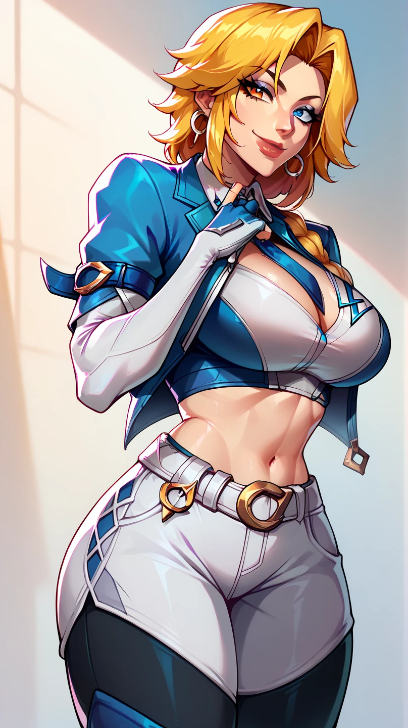 Cammy white, Short hair, Antenna Hair, Blue eyes, scar on cheeks, Large breasts, Black Choker, 鎖骨, Blue jacket, Cropped jacket, Open jacket, Sports Bra, Midriff, Fingerless gloves, Black Gloves, ((High Cut Twine Langaree Sexy)),lightsmile,Ambient lighting,Full body shot,
