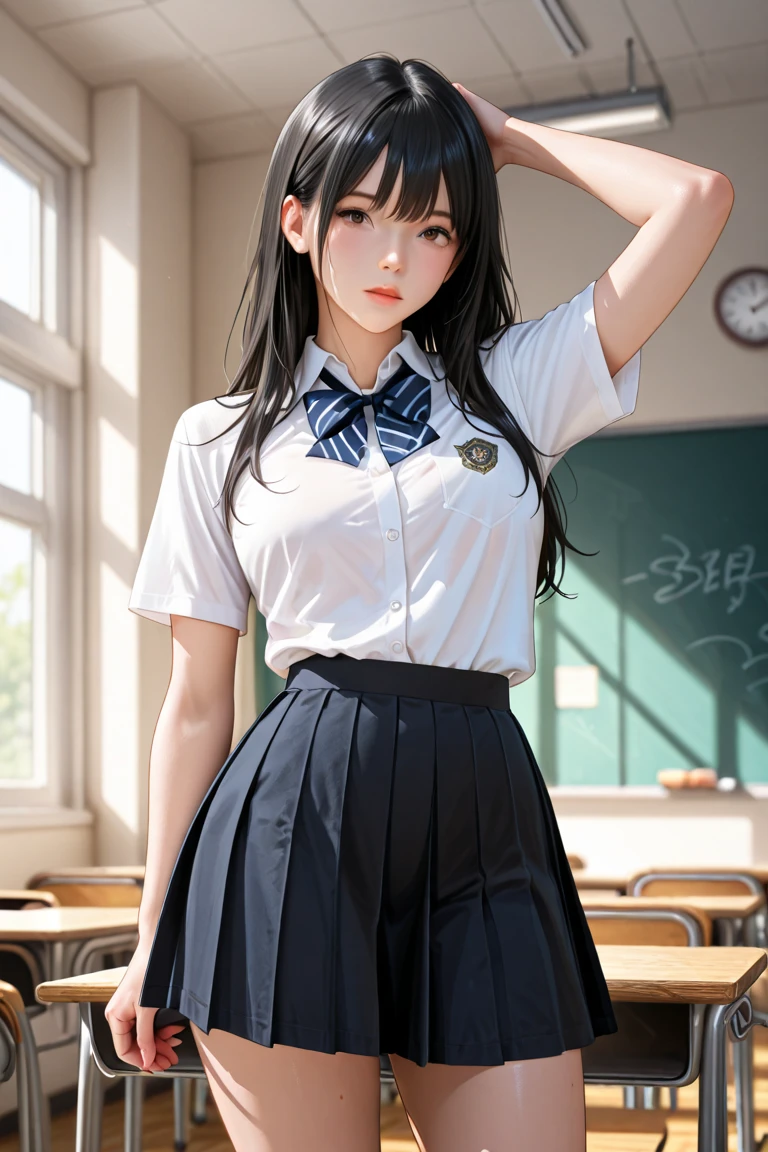 highest quality、Realistic、girl、zoom、cute、Grey Eyes、Black Hair、Long hair with wavy ends、College uniforms、Short sleeve white shirt、Navy Mini Skirt、Looking down、Bust Shot、thin、Big Breasts、classroom、Standing with your back to the window、Soft Light、shy,seductive pose,Blushing