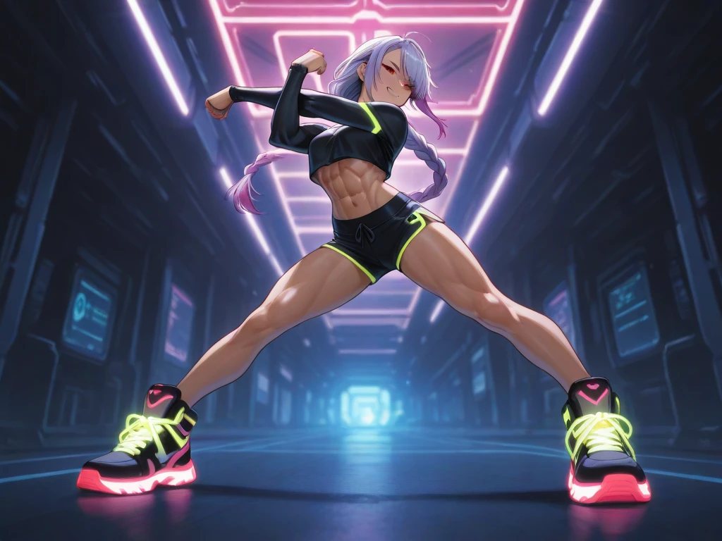Concept: Tegan Nox, the AIWF Iron Maiden, battles a holographic opponent in a training simulation.
Details:
* Wrestler: Tegan Nox (short, blue hair with a shaved undercut and green streaks, athletic build, around 5'7" tall with a determined expression).
* Face: Nox has a fierce determination etched on her face, a testament to her unwavering spirit. A small scar runs across her left eye, adding to her battle-hardened appearance. Hints of sweat glisten on her brow.
* Body: Nox possesses a toned and athletic physique honed through years of training and overcoming adversity. Her agility and resilience are legendary.
* Attire: A high-tech training suit designed for the AIWF. Imagine a black and blue bodysuit with glowing green circuitry that highlights her muscles and movements. The suit incorporates protective padding on her shoulders and knees, hinting at her aggressive fighting style. She wears fingerless gloves with reinforced knuckles.
* Pose: Nox stands firmly in a dynamic combat stance within a holographic training room. Across from her, a holographic projection of a formidable opponent materializes. Nox throws a powerful punch, her fist connecting with a satisfying impact on the holographic enemy. Sparks fly as the holographic opponent momentarily disrupts.
* Background: The AIWF training room is a state-of-the-art facility. The walls are lined with holographic displays showcasing different training exercises and combat techniques. The floor is a series of pressure-sensitive pads, reacting to Nox's movements and attacks.
* Visual Style: Blend futuristic athletic wear with a holographic training environment. Maintain a black and green color scheme, with accents of blue reflecting the AIWF branding.