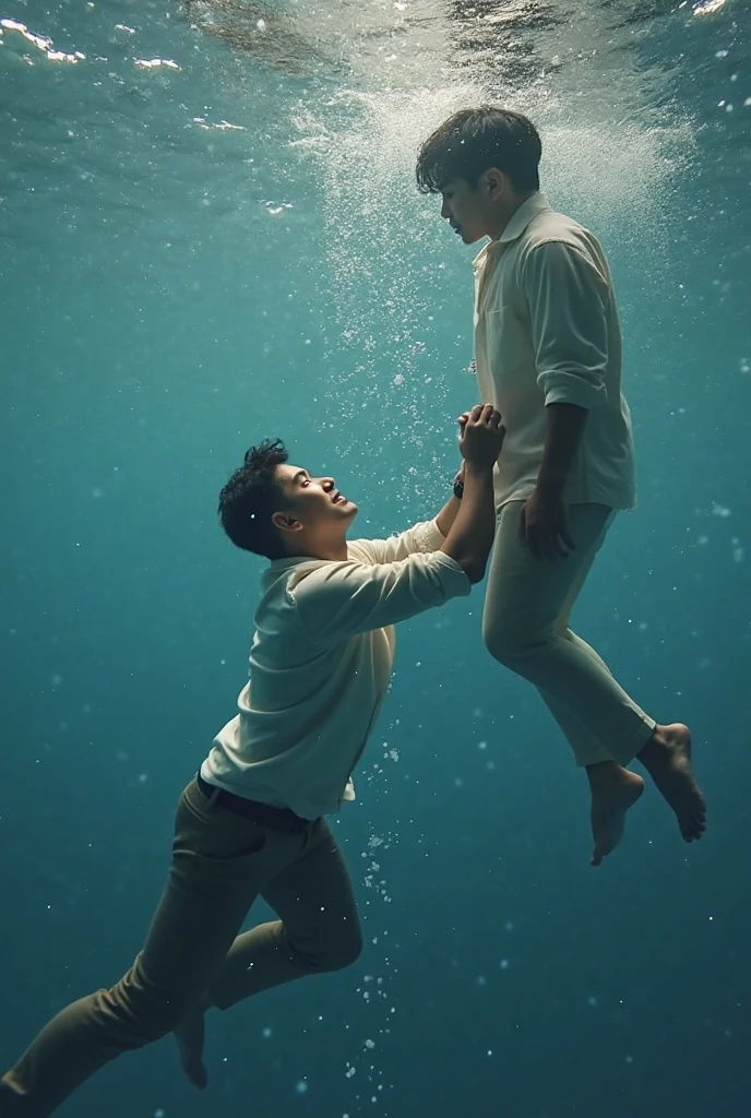 Two men in the pool,A man kisses his man, Transparent shirt cool tones