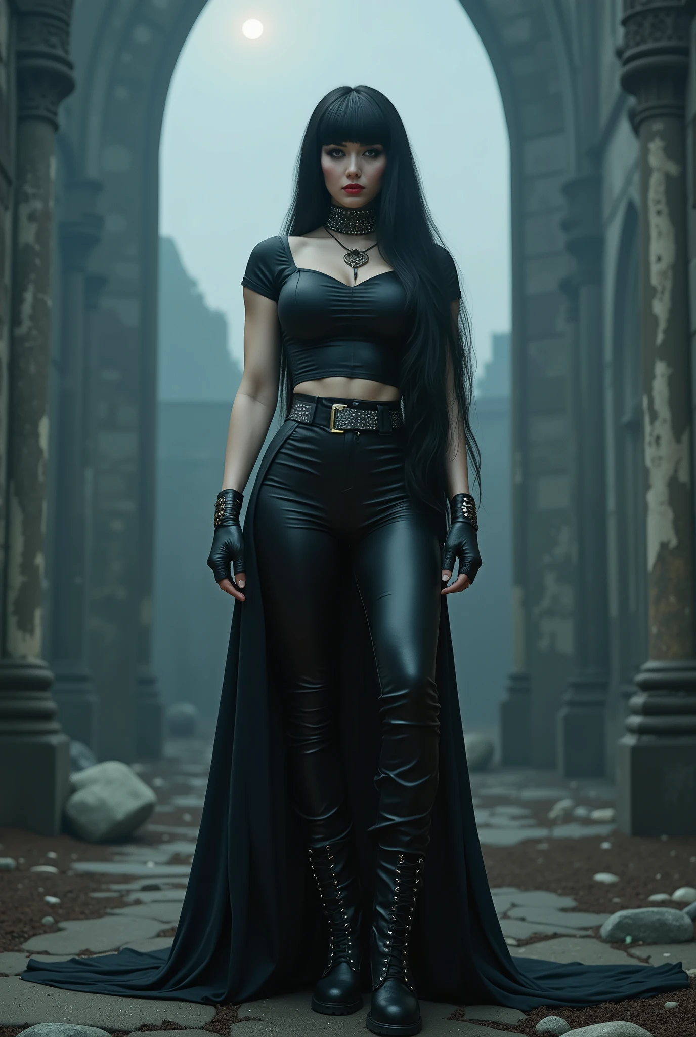 gothic rock woman Long black hair with bangs , thin waist , thick thighs , big breasts , six pack abs , toned legs , biceped , leather t-shirt , Black leather pants , high-heeled lace-up high heels black leather boots , Goth makeup , black eyeliner , woman , attractive body , hot body , thick thighs , very thin waist , six pack abs , thick lips gothic ancient Gothic Cathedral in front of the ruined altar of in front of the ruined altar of an ancient gothic cathedral at night in the moonlight in dense fog
