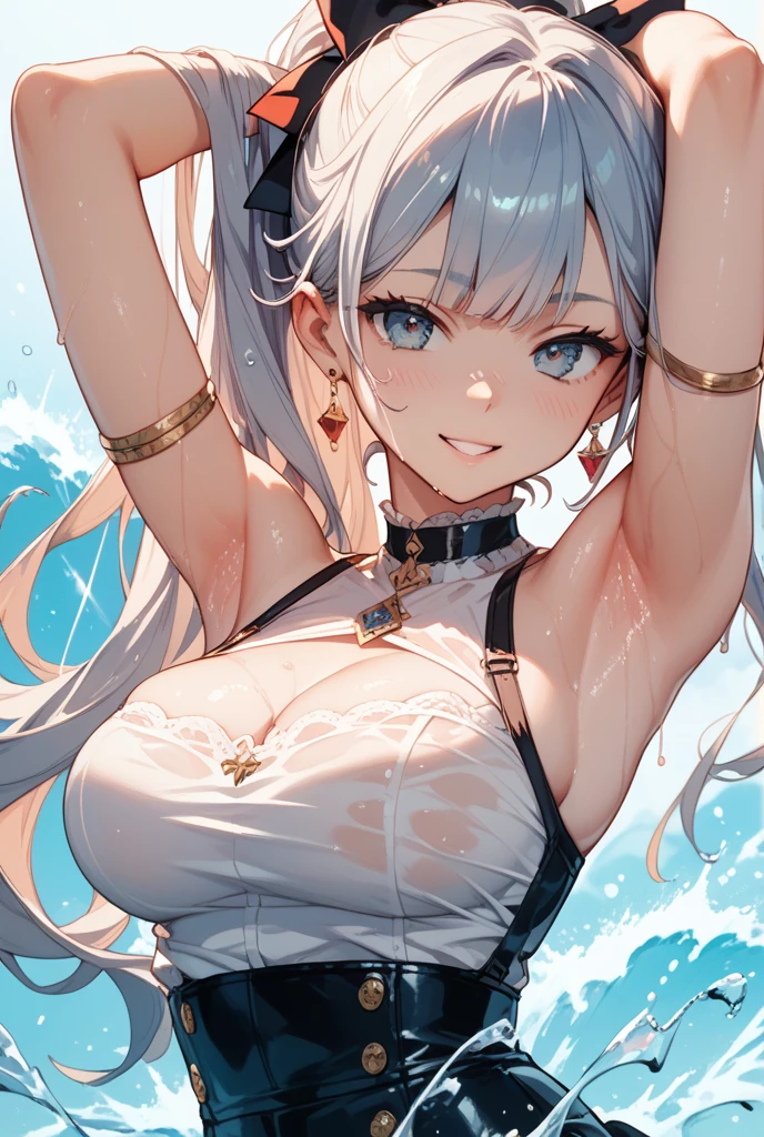 High resolution, masterpiece, Accurate, Highest quality, number々Awards for, High resolutionモデル, 
Heavy bangs, Silver Hair, Wet Hair, Half Up, Dumpling,  Super long hair, ponytail, 
thin、White skin, Ice blue eyes butterfly hair accessory, Crystal Earrings,Gold anklet swimsuit, Bikini with ruffles,
whole body, Character portrait