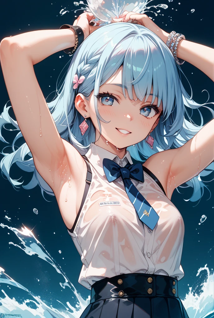 (muste piece), (best quality), very detailed eyes, expressive eyes, perfect face, very detailed face, highly detailed face, beautiful girl, 8K, beautiful girl, white background, delicate and beautiful face and eyes, dark intense shadow,
1 girl, vtuber style, cool girl, hololive, Hoshimachi Suisei, blue hair, top-sailor, sailor bikini, small chest, cropped shoulders, clavicle, wet body, one eye close winking, smile, body visible through clothes, chest visible through clothes, ass visible through thighs, (full body), barefoot, naked thighs, sitting, open legs wide,
