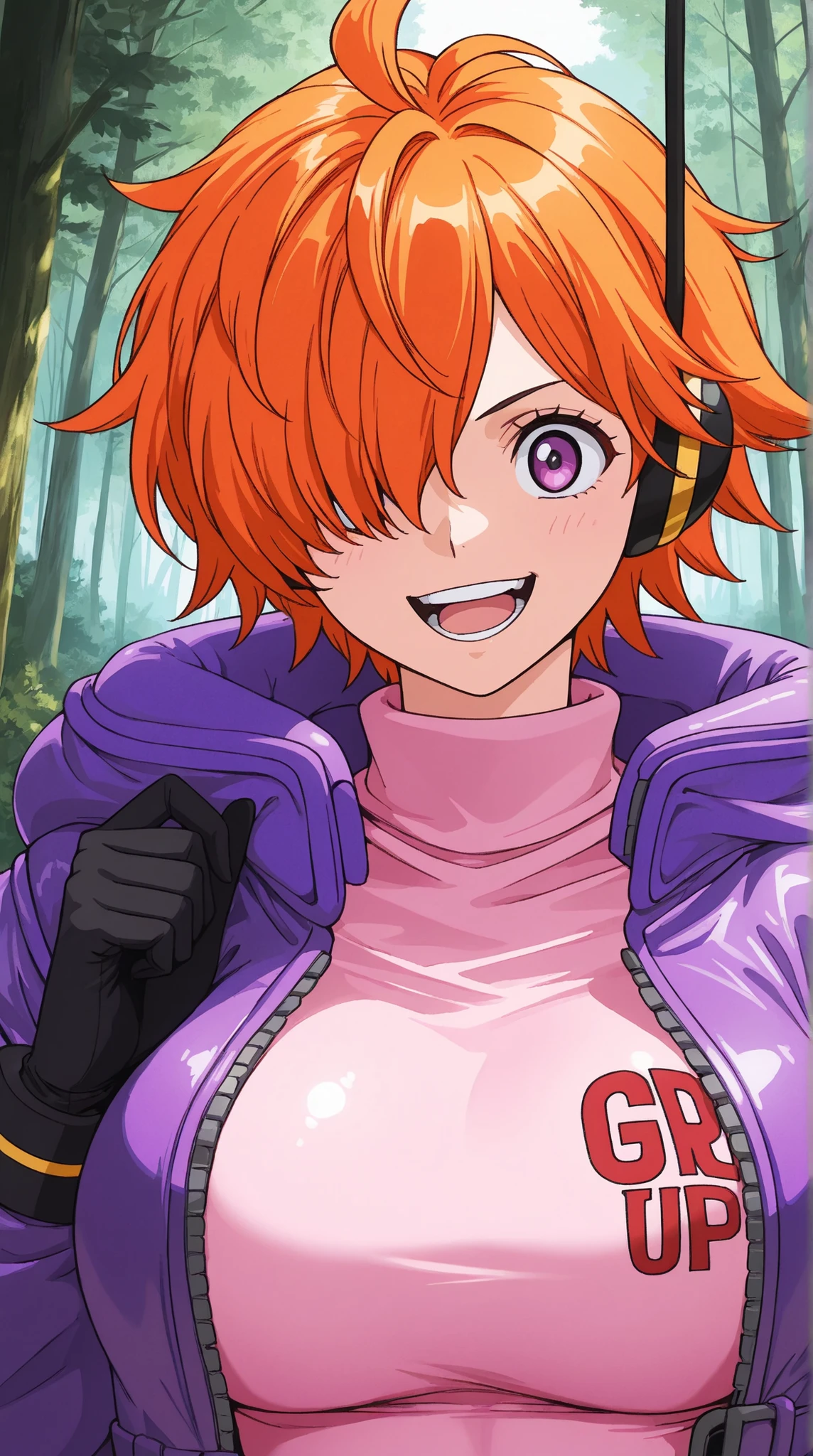 vegapunklilithsdxl , 1 girl, short hair, hair over one eye, Gold, jacket, gloves, purple jacket, headphones, smile, bodysuit, pink bodysuit, purple eyes, orange hair, black gloves,score_9, score_8_up, score_7_up, score_6_up, score_5_up, score_4_up, Digital Illustration , solo, upper body, anime style 、big breasts、vegapunk Lilith, Dress
high quality , Highest Quality , masterpiece, high definition , detailed face( Lola: Lilith),anatomically accurate, Detailed Hairstyle( Lola: Lilith),anime coloring
solo , 1 girl
short hair , hair over one eye, purple eyes, orange hair,,
bodysuit, pink bodysuit, black gloves, jacket, gloves, purple jacket, headphones,
, forest,Open your mouth, smile, full body shot