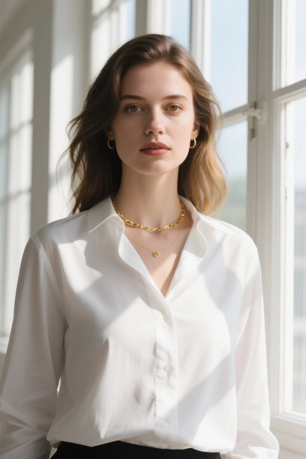 European woman, closeup, (shirt), pants, (office cubicle), gold necklace , ZM_margarida, wide shoulders, perfect face, (contact iris: 1.1), pale skin, skin pores , depth of field