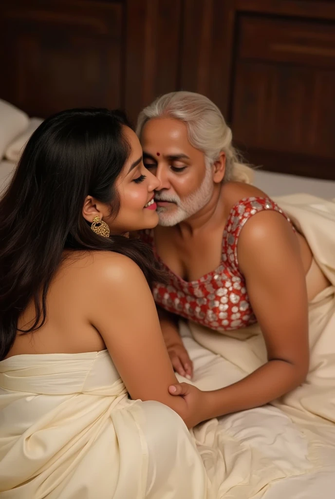 A 25 year old beautiful South Indian plus sized blue colour glittered skirt and blue colour chiffon blouse wearing teacher and her friend kissing a 68 year old man in bed room,