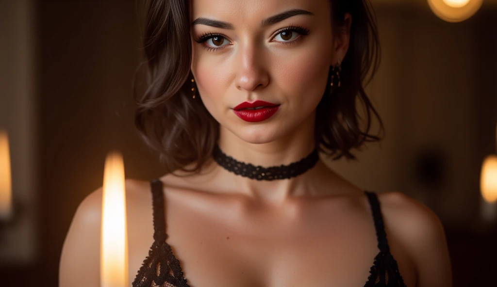 Caucasian Brunette, black dress off shoulders, bare shoulders, black choker with a heart shape, leaning forward, arms crossed, deep cleavage, mouth open, firelight