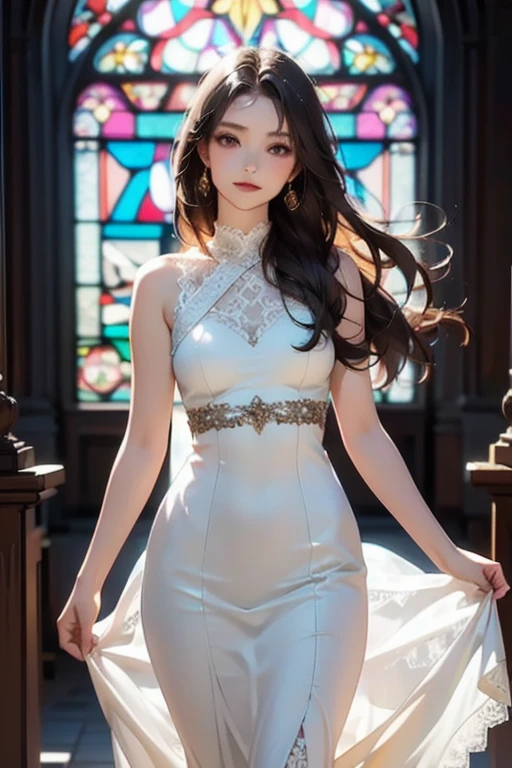8k, Ultra-high resolution, Highest quality, masterpiece, 三分割法によるphotograph,Surreal, photograph, 1 Girl, (:1.3), pretty girl, Cute Face, Beautiful eyes in every detail, 細かくdetailedに,masterpiece,One Girl:1.2,Japan Female Teachers,extream close up,light smile,Long black hair,Straight long hair,(印象派の美しい少女のPortraiture),(Impressionist light and colour), (Avant-garde attire:1.3),(Fairy,Shiny Hair, Beautiful dark eyes, So cute and beautiful,16 years old0.8),Sharp contours,Looking down, (A future never imagined), ((Gothic cathedral)), (Stained Glass Windows:1), indoor, Light from above, Low contrast, (Side view),, Perfect and beautiful face ,完璧でCute Face, Skin with attention to detail, Perfect limbs、Narrow waist,Looking at the audience,(((Ideal body type))),A cup small breasts :2,Portraiture:2,Perfect Anatomy,鮮明なdetailed,detailed,Surreal,Light and shadow,glowing