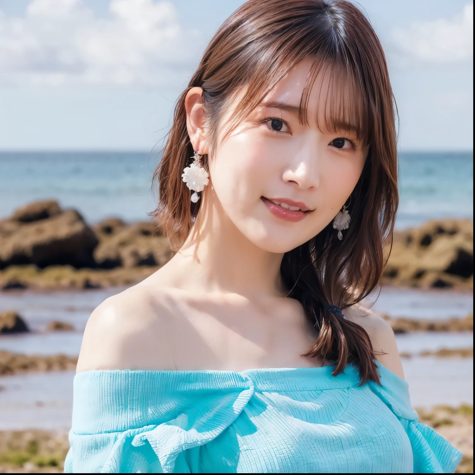 (1 person,solo)( ponytail 1 :5)(Lola:Uchida Mari )(earrings)(brown hair)(Off Shoulder Sweater 1 :2)(Night Ocean 1:2)(large breasts 1:2)(Pinclip)()()()
