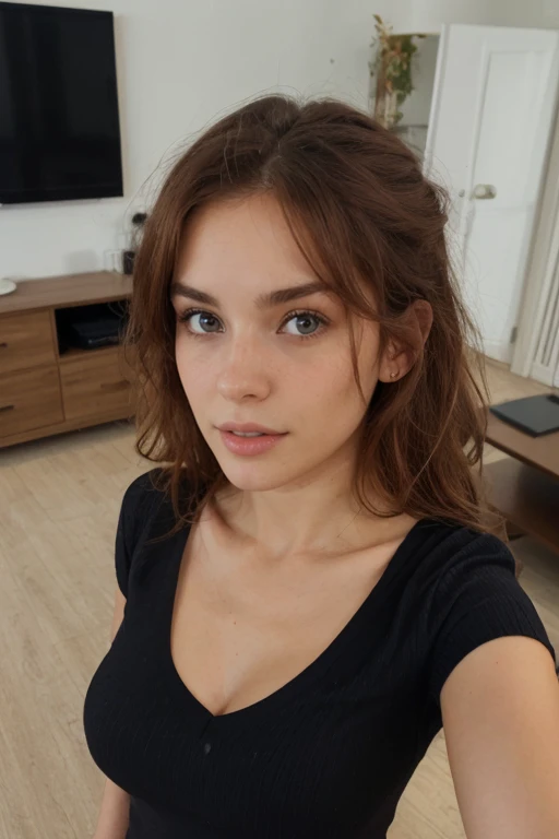 Femme, blond, Allemand, 20 ans, peau pâle et taches de rousseur, yeux gris, nez délicat, lèvres douces et délicates, doux sourire, Visage aux traits féminins délicats, rendu élevé, vue de face, Lolita, manteau en cuir et collants marrons posant en face d'un miroir photo prise en selfie avec un  iphone  
