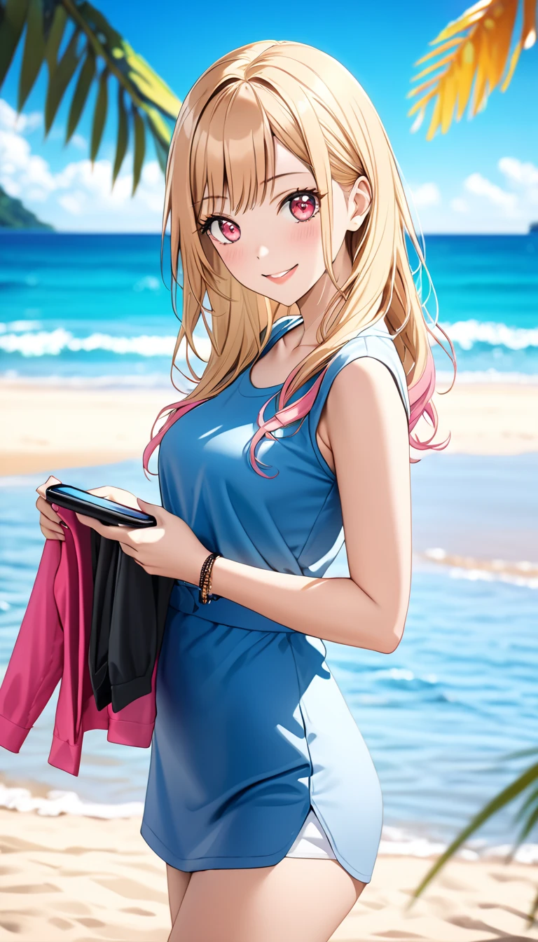 High Quality, 8k resolution,fine detail,PHOTOGRAPHIC REALISTICS,professional rolling up clothes with hands,Vivid Colors,background with bokeh effect,beach,KjoMarin with long blonde hair holding a smartphone,pink eyes,happy expression,slim figure,anime style,Digital Painting