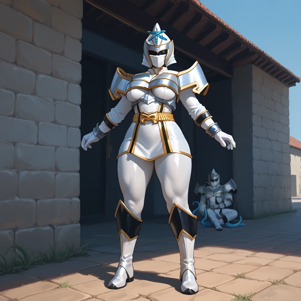 full body, BLUE breastplate, BLUE skin, looking at viewer, shiny,armor, thighhighs, high boots,shoulder armor, faulds, poleyn, gloves, gauntlets, Rerebrace armored boots, pauldrons,(masterpiece, best quality, ultra-detailed, best shadow) yordle (1girl)(BLUE skin:1.2) pointy ears muscular lean platinum blonde long twin-tails hairstyle at the office lustful smirking smile face red blushed, blush, strong abs, female body builder, tiara, twin drills hair
