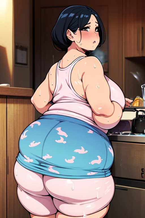 Huge breast anime woman in huge bloated diaper, expanding diaper, bent over, diaper squished, lust face, enjoyment, orgasm, massive diaper sagging down to the floor
