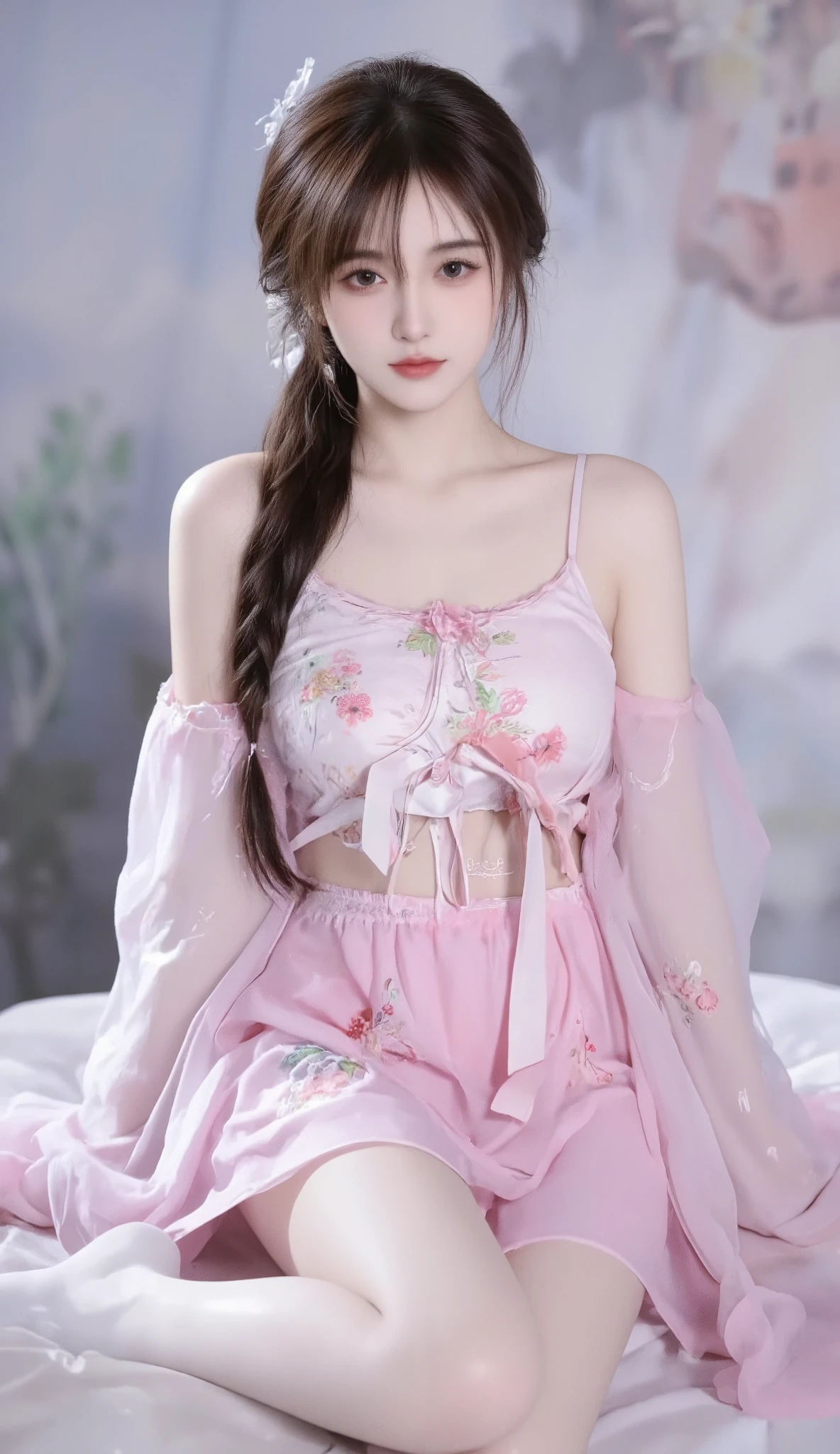 robe, 1 girl, [[  eyes, 白flower, ribbon, Chest,  白色 Chinese clothing   ,    Chinese clothing   , skirt, flower, Gradient   , Gradient    background, embroidered ball flower, Watch the audience, small Chest, white pantyhose, Single, thigh 连裤袜