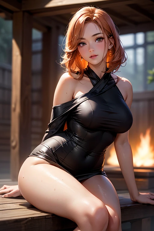 Beautiful princess, naked, posing, naughty, puffed out chest, big, pointy, perky and hard breasts, thin waist, torn belly, thick legs, big ass, short orange hair, very detailed face, bright colors, dramatic colors, pastel tones