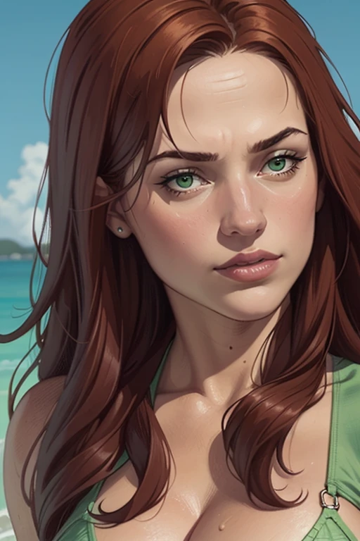 masterpiece,best quality,amazing quality,very aesthetic,absurdres,newest,detailed eyes, Warm Colors, romantic,
woman, face, portrait, looking at viewer, ruffled-blouse,bare midriff, highwaist bikini bottom, long hair, thin hair, middleparted hair,
long hair,
face focus, upper body view, dynamic angle, 
black background, halftone background, hearts, (palm:1.2), beach, green accent