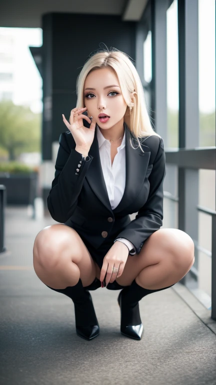 (RAW photos, top quality, realistic, photorealistic: 1.3, professional lighting, masterpiece, very delicate and beautiful, highly detailed, CG, unity, fine details, highly detailed CG Unity 8k wallpaper, huge file size, super detail, high resolution), (On the sidewalk where there are many people at night, a beautiful Russian university student squatting with her crotch open, facing us, Showing off her panties on purpose), Blonde: 1.5, Long hair, tall, height is 170 cm: 1.5, weight is 60 kg, lean proportions: 1.5, model figure, detailed fingers, very detailed eyes and face, beautiful blue eyes, long eyelashes, watch viewer, 1 girl, beautiful face: 1.2, mature face, full body: 1.5, small breasts, realistic face, realistic body, Be sure to wear a blazer and short skirt and high heels: 1.7, high heels: 1.5, lace white underwear, manspreading, the shape of the woman's pubic area is clearly visible, textured skin