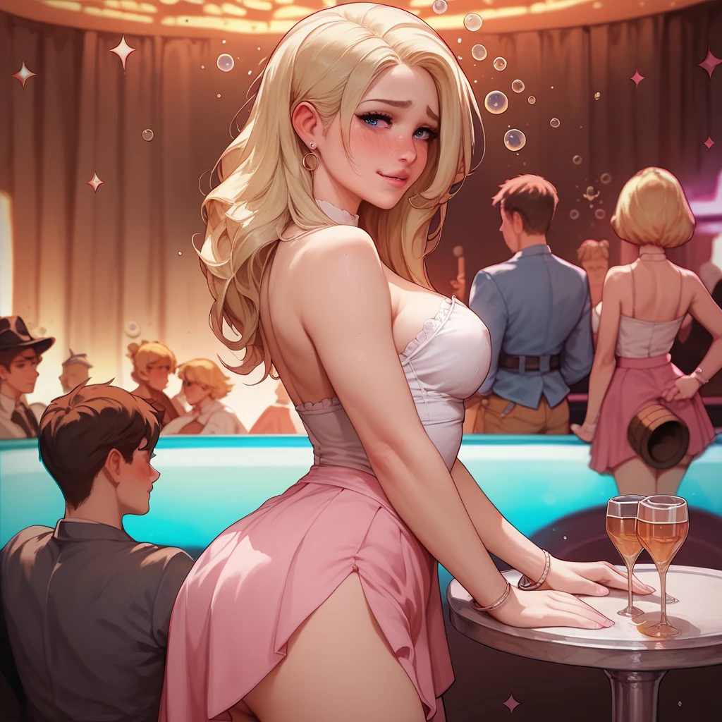 ultra detailed anime,superrealistic anime style,beautiful adult woman,3women,purple elegant see-through laced dress,nipple-baring,blonde hair,side ponytail,earring,necklace,bracelet,short skirt,tanned skin,(curvy),at nightclub,black partition in behind,dark light,tanline,string-only thong,humid,(blushed and happy:1.1),crossed-eyes,orgasm,trembling,pussy squirt,sitting on chair,,(pubic hair,wetty pussy:1.1),at a table,saggy breasts,