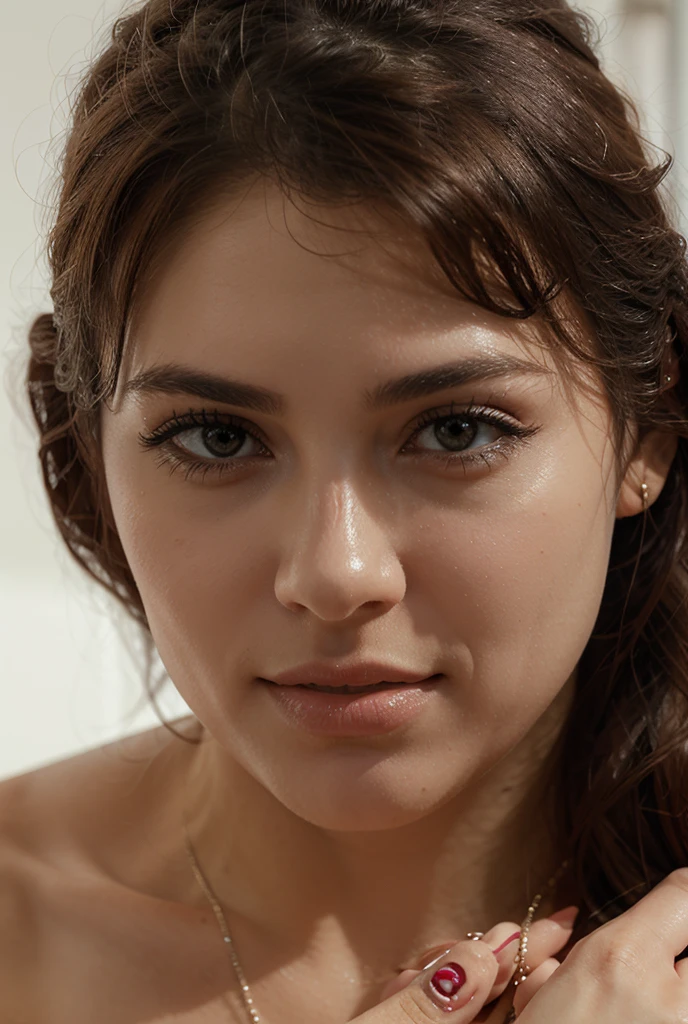italian girl, 28 years old, ((light brown hair)), long wavy hair, ((big light green eyes)), naked, portrait of face and breast, black eye mascara,  (transparent white cum dripping on face)