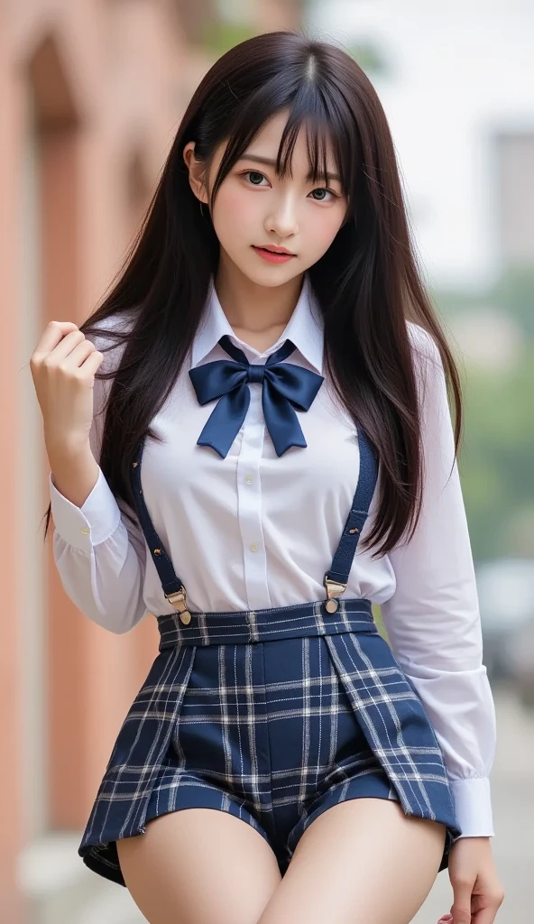 little young girl.................,, in front of the school、Connect to skirt with suspenders、White shirt with long sleeves、Plaid skirt、, , sakimichan,, nice and cute, Innocent smile, , Lovely smile, sakimichan HDRI 、 with short bob、Pose cutely , 8 year old , big breasts , red knot , red bow , twin tails hair , waistband of skirt is at the point above chest