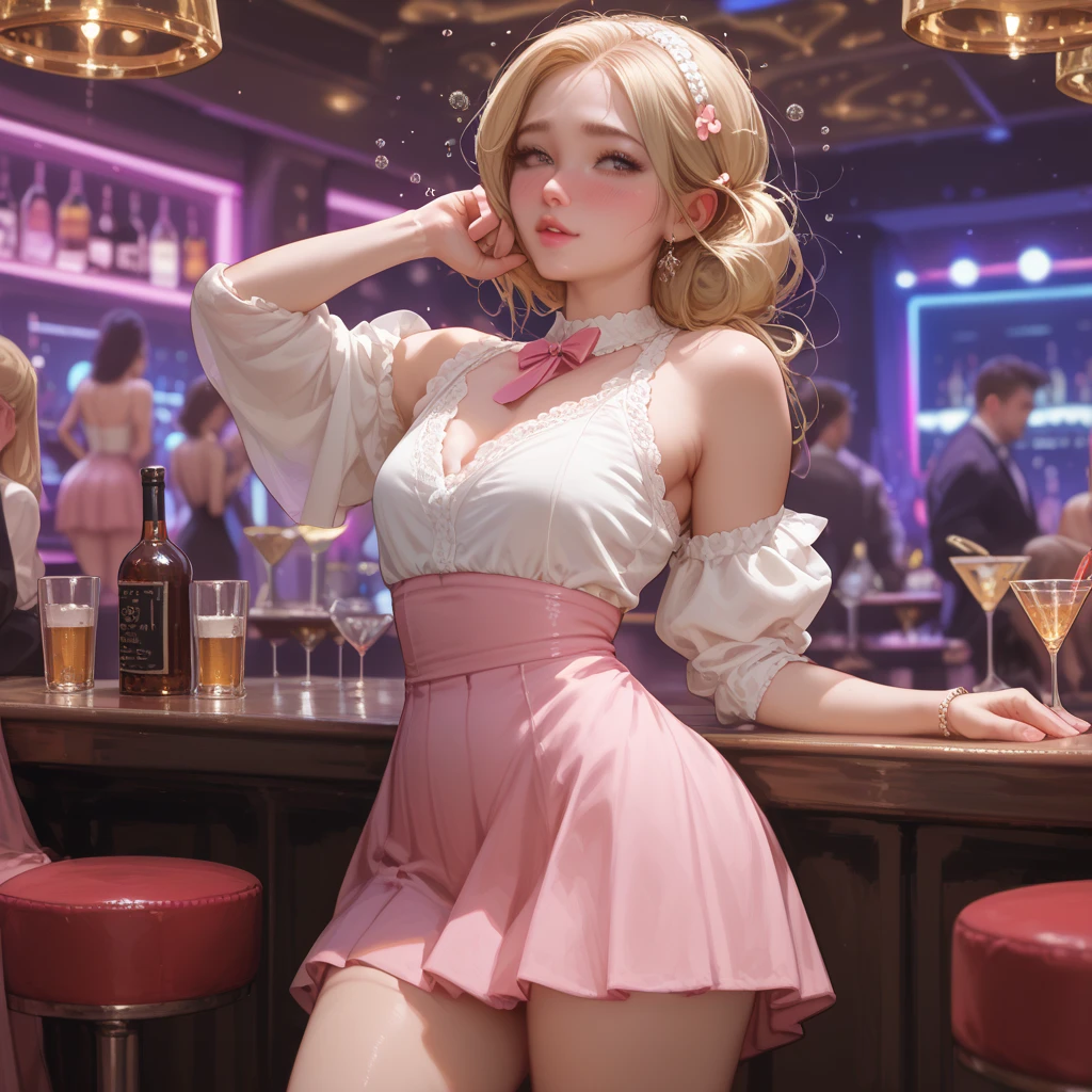 (high quality), (maximum resolution), (intrinsic details), (very realistic), 1 woman, short wavy hair, gray hair with red, (beautiful ultra side face: 1.0), green eyes, upturned nose, feminine focus, pink shirt, wide cleavage, medium breasts, firm breasts, marked nipples, bare shoulders, bare abdomen, plain skirt, white mini-skirt, beautiful hips, slender legs, front view, train station,