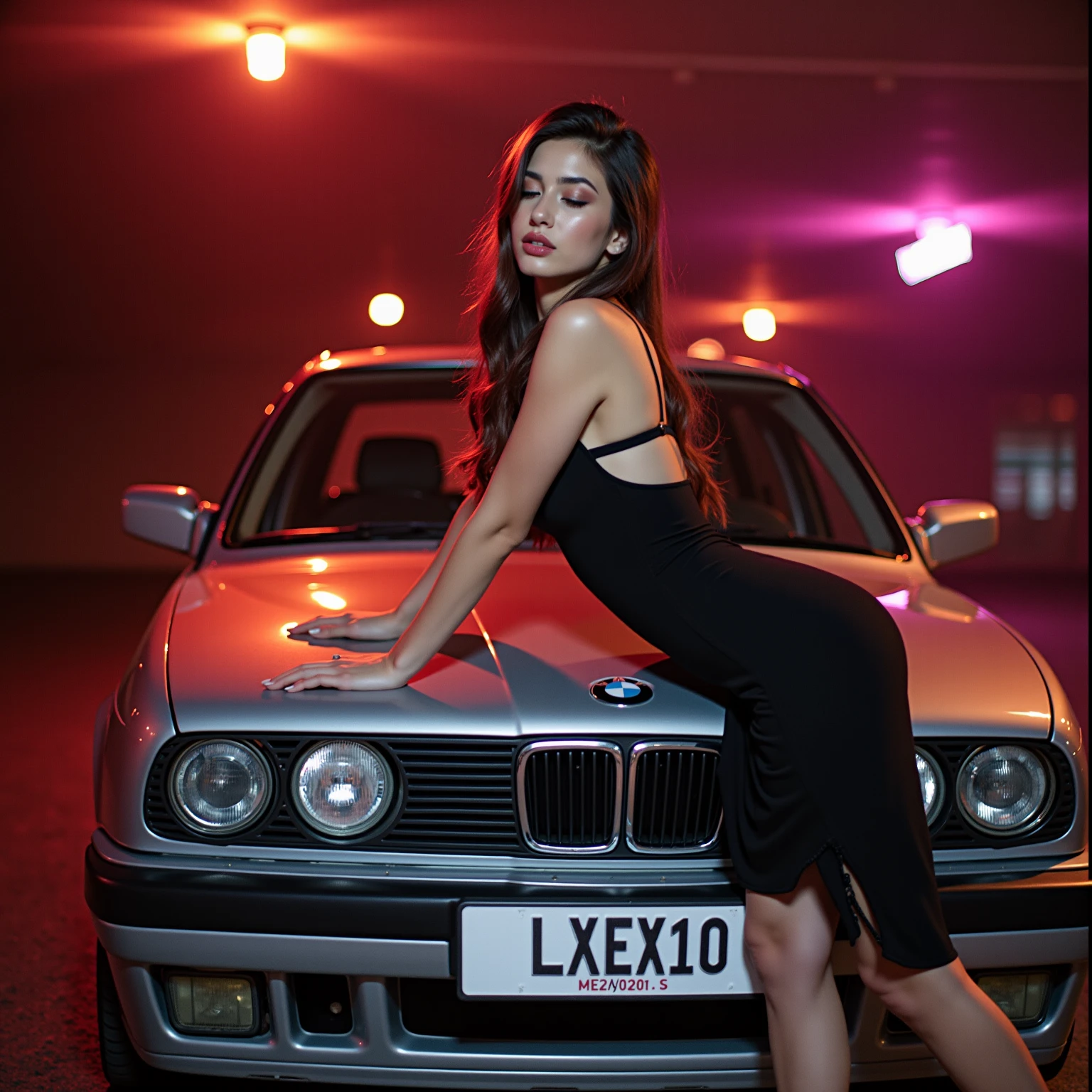photorealism: 1.2), beautiful black-haired girl with Nordic features, upturned nose, blue eyes, full lips, makeup, red lipstick, huge breasts, long transparent black evening dress that reveals her bottom in a pink leopard-print thong with deep neckline and slit, car headlights at night in front of the wife walking on all fours tied to a collar around her neck doggy style pose, eyes raised and mouth out, profile view from above, the husband and another man look and they touch her doggy style pose