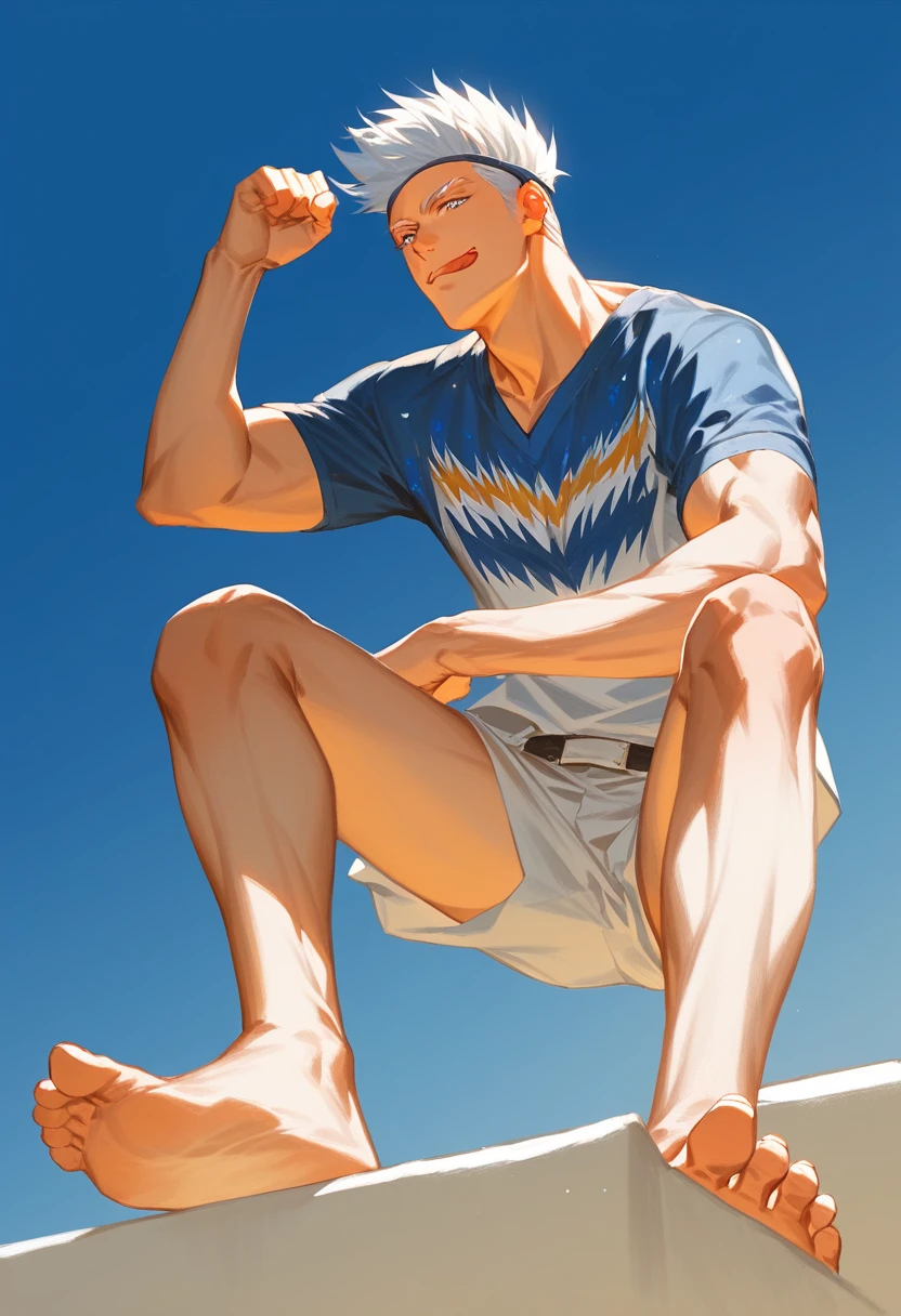 femboy, wolf boy, male, flat chested, grey fur, white feathered wings, blue eyes, crotch bulge, skirted one-piece swimsuit, beach setting 