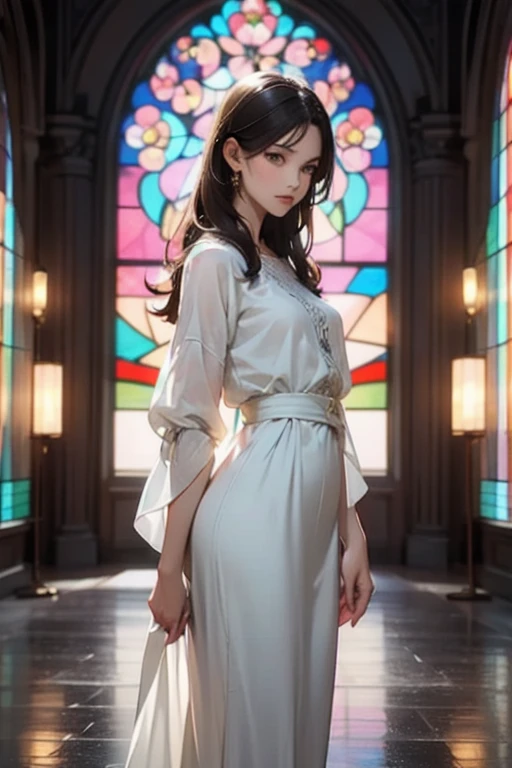 White and Blood Red, (Masterpiece 8K TopQuality:1.2) (ProfessionalPhoto:1.37) ExtremelyDetailed (((FullBody, KAWAII girl with HUGE boobs:1.37)) in (WHITE cotton T-shirt mini dress:1.28)) detailed (Delicate cotton textures), (Detailed(Distant Elaborate Stainedglass Background:1.37) (Tyndall Effect) (Oodles Dazzling NeonColor Particles:1.32))  BREAK  (ZoomLayer), (((NOGIZAKA FaceVariations))), Extremely Detailed (very KAWAII Face), Childish CaptivatingGaze Stunning ParfectEyes ElaboratePupils with (SparklingHighlights:1.28), Radiant PearlSkin with Transparency . { (Dynamic Joyful expressions LifeLike Rendering:1.4) | (:d) }, (Acutance:0.8) . 
