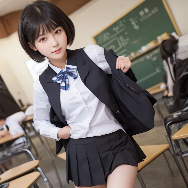 Cute Girls、high school girl、uniform、Bob Hair Mini Skirt、See-through、sit