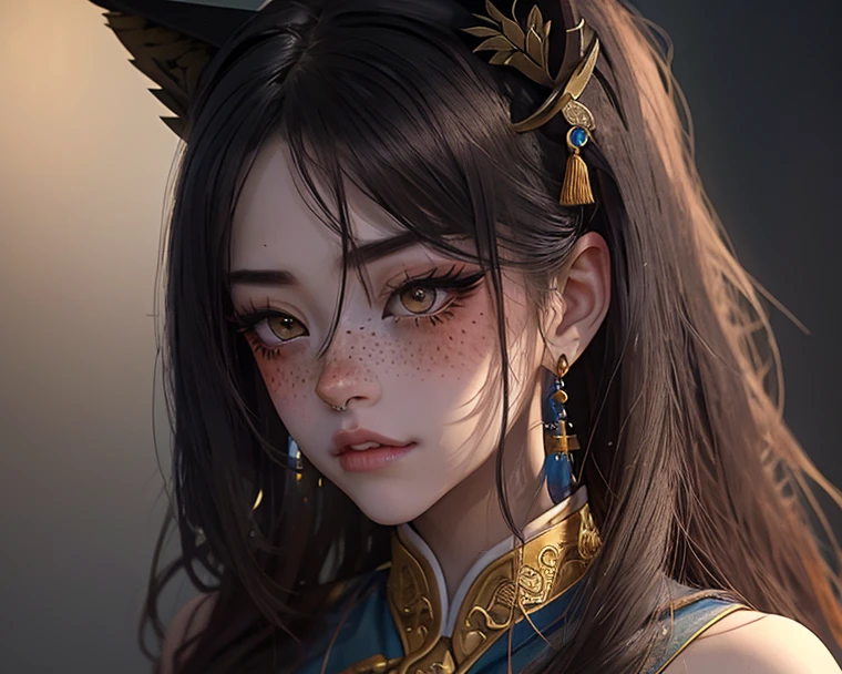 Uma obra-prima, da melhor qualidade, realista, realista, This painting depicts a woman next to a dragon. Toda a pintura usa um retrato bonito e realista (retrato realista kawaii estilizado) com olhos azuis escuros. Long flowing and fluffy hair (fofos:2). Toda a pintura mostra excelentes detalhes fotorreais, Tracing of light and shadow, detalhes ricos, Close-up of a woman in kimono with a dragon, portrait of dragon girl, dragon-inspired cloth cloak, asian girl, flowing black long hair, dragon girl, dragon in the background, black dragon, ornamentos pendurados, Gorgeous Chinese costume tiny hyperrealistic black panther with eyes of different bright colors taking care of a necklace, Chibi, adorable and cute, design de logotipo, desenho animado, cinematic lighting effect, charmoso, arte vetorial 3D, fofo e peculiar, arte de fantasia, bokeh, hand-drawn, pintura digital, Soft illumination, isometric style, 4K resolution, photorealistic rendering, limpeza altamente detalhada, imagem vetorial, obra-prima fotorrealista, fotografia profissional, simple space backdrop, isometric, vetor vibrante --auto