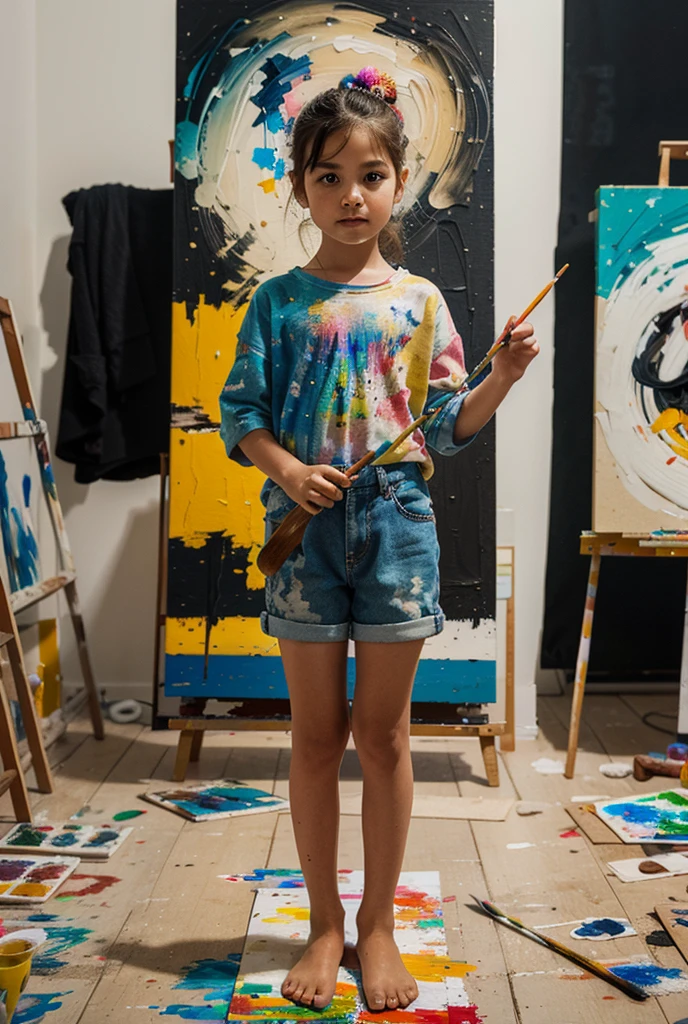 Ultra Realistic, masterpiece, high definition, highly detailed, 8K, a cute European girl , a 8 year old girl, highly detailed face, highly detailed body, holding painting brush, wearing casual clothes, denim jeans, and shoes, resembling a painter, paints splattered over her clothes, looking at the viewer , she's painting the walls, full body view, proper rooms in the background, painting buckets, painting brushes, perfect background. Wall Painting,