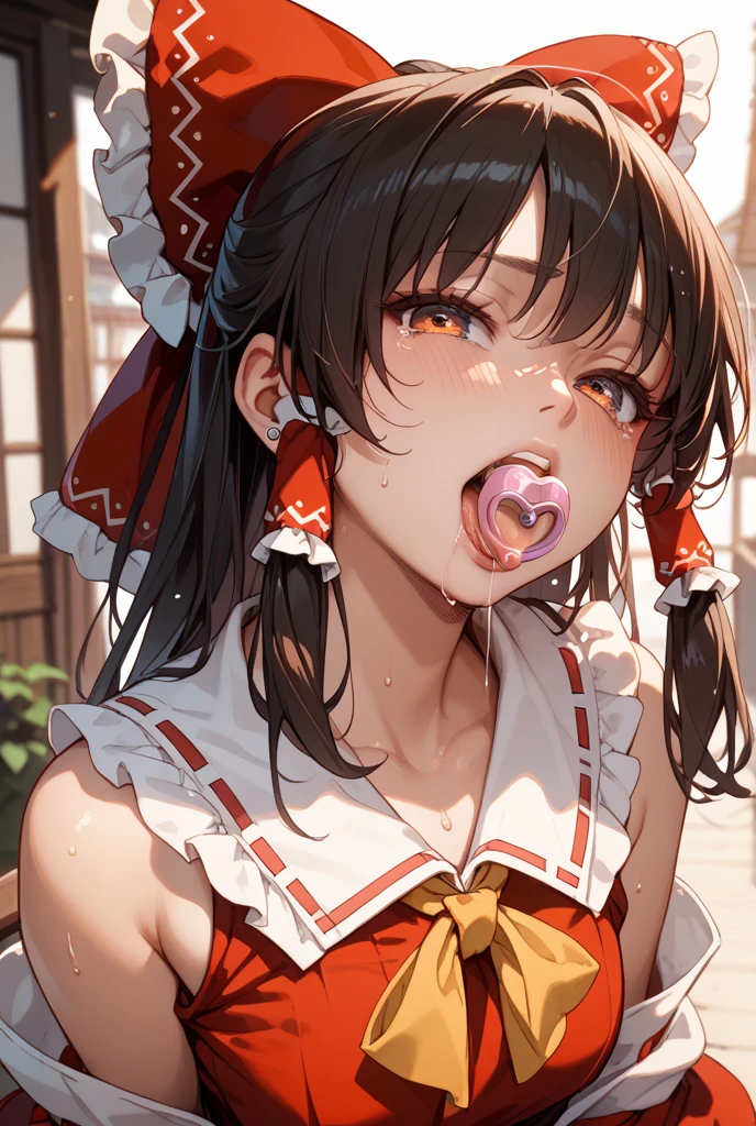 The focus is on one girl, (red eyes:1.3), collar, overall details, Miko, (masterpiece, that'ridiculous), sauce_japanese manga, big breasts, dark gray hair, long hair, bags under eyes, scar, burn scar, side shot, adorable, My cheeks turned red, Dementia smile, close your eyes, open your mouth, White lace mini skirt wedding dress, have flowers, Wet skirt hem, Sticky panties, white lace stockings, Wedding Food, throw, highest quality, rough skin, masterpiece, UHD, 8K