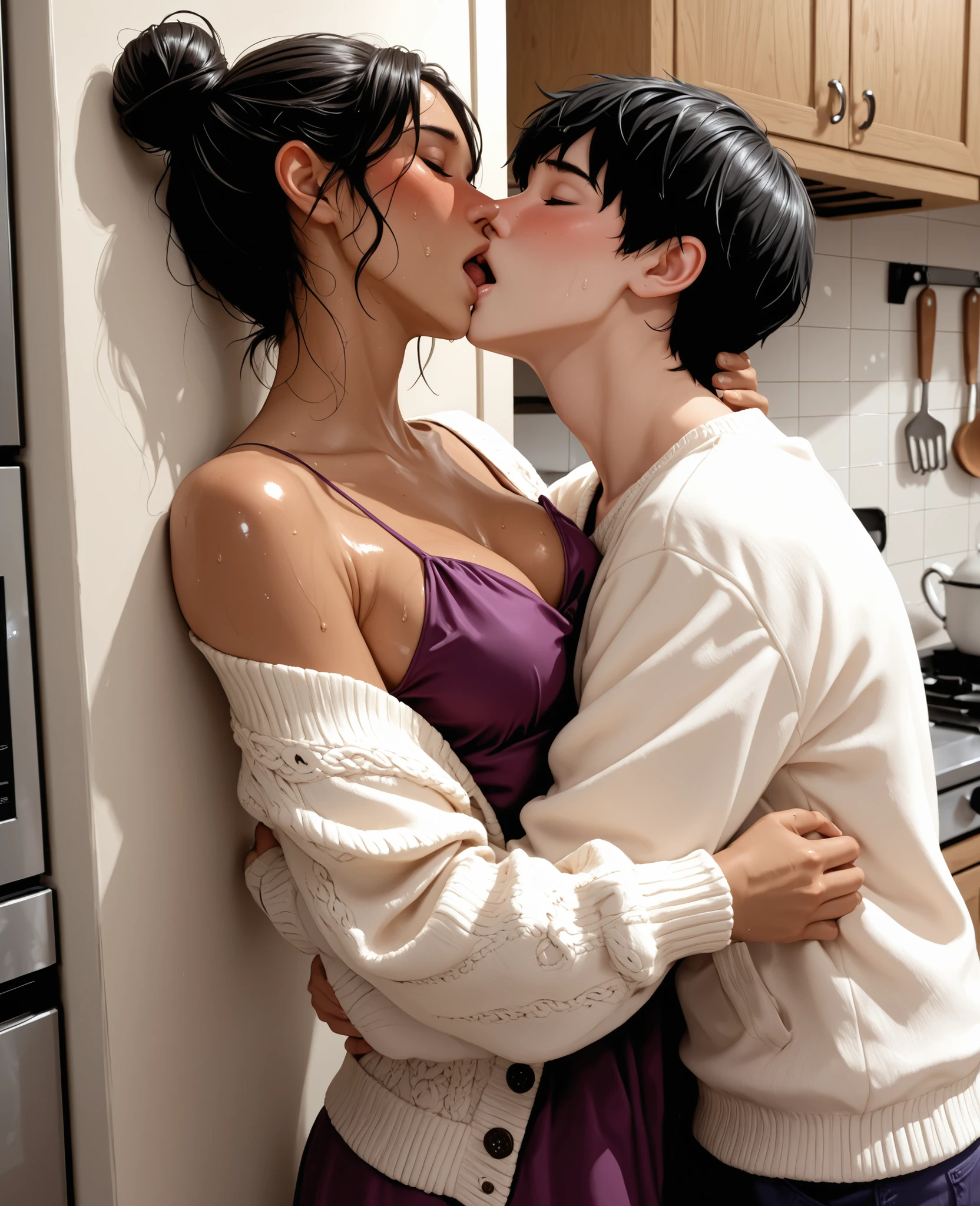 score_9, score_8_up, score_7_up, 1woman, solo, hair, closed eyes, white milky porcelain skin, white-skinned female, black hair in a bun, lovely medium breasts, short, thick, perfect body, purple dress, white cardigan, messy clothes, exposed shoulder, sweat, female organism, open mouth, looking at viewer, head tilt, nose blush, blush, indoor, kitchen, day time, late night, shiny skin, against wall, standing , upper body, 1woman, 1boy (faceless, face on girl's face,
intense kiss, deep kiss, neck kiss ), hug. Dutch angle.