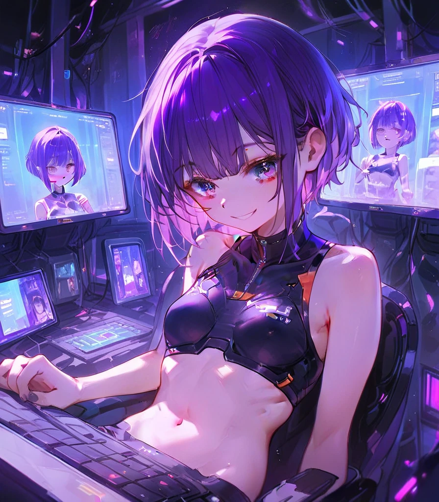 (((Naked female Cyberpunk having sex))), ((blushing)), (((NSFW)))Best image quality, darkened bedroom, (((beautiful woman in sexy position))), ((smiling expression)), ((extremely beautiful detailed face)), ((sweet cute face)), ((((sweet young face)))), (((skin covered in sweat))), ((shapeless hairstyle)), purple hair, ((cowboy shot)), gothic fantasy, ((Award-winning Polaroid photography)), (Hyper-detailing), (Complicated details), (High resolution Manga artwork 8k), Fantasy style, depth of field,((create depth with atmospheric lighting)), wide shot, ((use atmospheric and volumetric lighting, cinematic lighting)), Dark chiaroscuro background, (((NSFW)))
