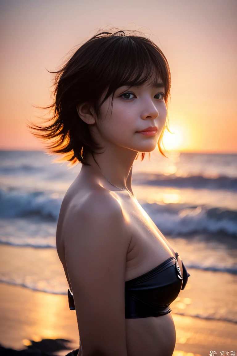 girl, White skin, Short dark brown tiered hair, V cut with layers and bangs, Brown eyes, Soft atmosphere characteristics (Highest quality, Ultra-high resolution, 8K, RAW Photos, Ultra-high resolution: 1.2, masterpiece: 1.2), (Realistic, Realistic: 1.37), Super detailed, Professional Lighting, Photon Mapping, Radio City, Physically Based Rendering, Japanese, One Girl, alone, Black Hair, cute, Nice, Adorable, A light smile, Normal chest, Ocean,campfire